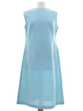 Vintage 70s Blue Gingham Midi Dress Sleeveless Cotton Blend Women's Medium